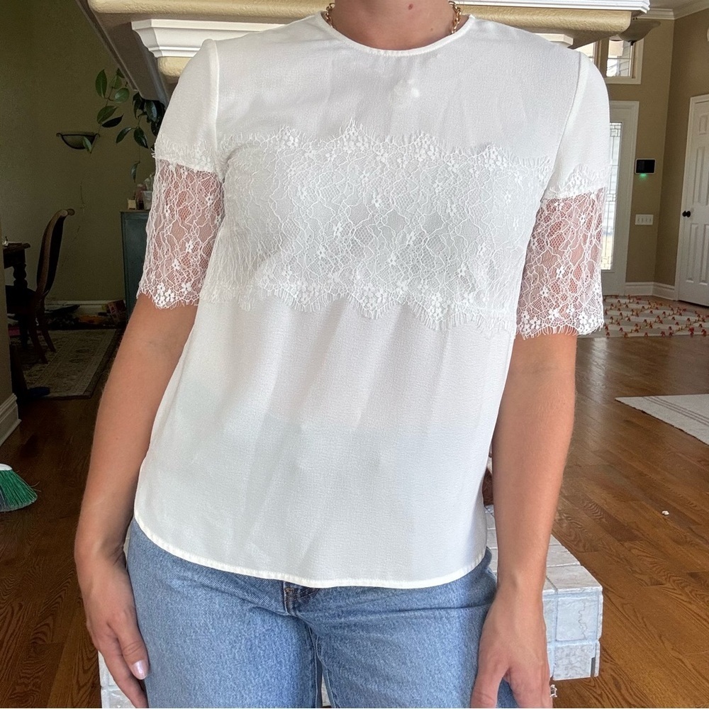 Zara Woman White Lace Panel Sheer Sleeve T-Shirt Small
